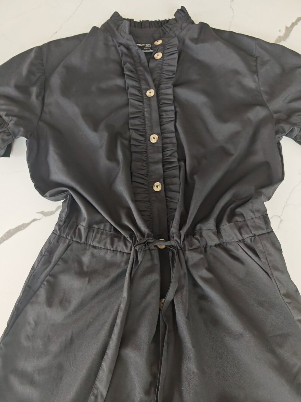 French Connection Black Ruffle Button Front Romper Dress Size 4 | Cinched Waist - Picture 3 of 11